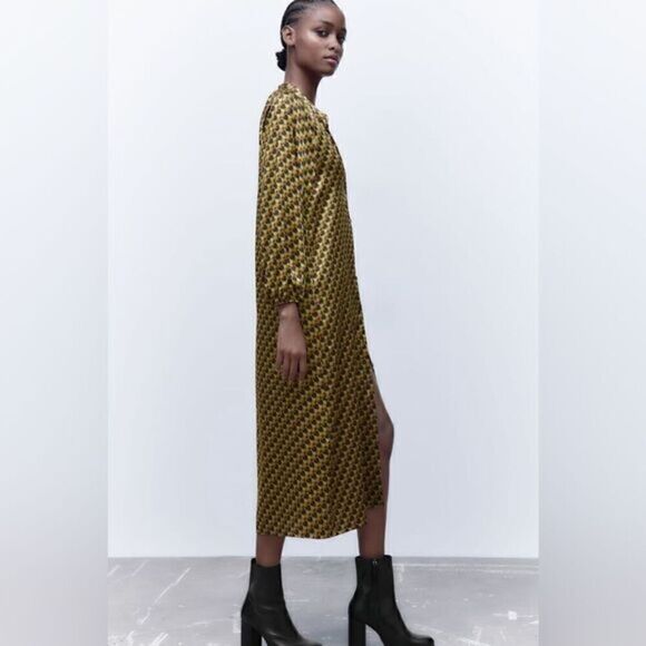 Zara Geometric Printed Satin Effect Flowy Midi Dress - Picture 4 of 6